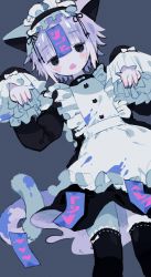Rule 34 | 1girl, absurdres, animal ears, black eyes, black thighhighs, blood, blood on clothes, blue blood, blue nails, blush, blush stickers, bow, cat ears, cat girl, cat tail, colored blood, colored skin, cotono (nazekun), eyelashes, fangs, film grain, fingernails, frilled thighhighs, frills, grey background, grey skin, heart, highres, jiangshi, maid, maid headdress, nail polish, ofuda, open mouth, original, outstretched arms, purple hair, short hair, simple background, sleeves past wrists, solo, stitches, tail, talisman, teeth, thighhighs, upper teeth only, white bow, zombie pose