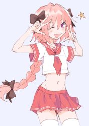 Rule 34 | 1boy, :d, astolfo (fate), astolfo (sailor paladin) (fate), bad id, bad twitter id, black bow, bow, braid, commentary, cowboy shot, dot nose, double w, english commentary, fang, fate/apocrypha, fate (series), grey background, hair between eyes, hair bow, hands up, highres, long hair, looking at viewer, male focus, midriff, navel, neckerchief, official alternate costume, one eye closed, open mouth, pink hair, pleated skirt, purple eyes, red neckerchief, red sailor collar, red skirt, sailor collar, school uniform, serafuku, shirt, short sleeves, simple background, skin fang, skirt, smile, solo, star (symbol), thighhighs, trap, tsu (lovesick1964), very long hair, w, white shirt, white thighhighs
