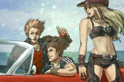 Rule 34 | 1girl, 2boys, arc system works, belt, billy lee, blonde hair, brown hair, car, chaps, coca-cola, cowboy hat, cowboy western, double dragon, hat, jimmy lee, marian kelly, midriff, motor vehicle, multiple boys, ocean, outdoors, parted lips, short hair, short shorts, shorts, sky, tank top, vehicle