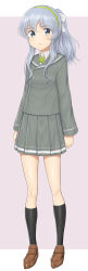 Rule 34 | 1girl, absurdres, adapted costume, alternate hairstyle, black socks, brown footwear, buttons, double-breasted, full body, grey eyes, grey sailor collar, grey skirt, highres, kantai collection, kneehighs, loafers, long hair, looking at viewer, pleated skirt, ponytail, sailor collar, sc naru, school uniform, serafuku, shoes, sidelocks, silver hair, skirt, socks, solo, standing, wavy hair, yamagumo (kancolle)