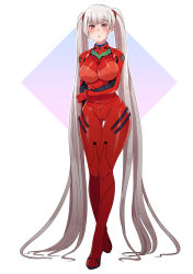 Rule 34 | 1girl, absurdres, azur lane, blush, breasts, brown eyes, commander cool, commentary, commission, cosplay, curvy, diamond (shape), english commentary, formidable (azur lane), full body, grey hair, highres, large breasts, long hair, looking at viewer, neon genesis evangelion, parted lips, plugsuit, shiny clothes, solo, souryuu asuka langley (cosplay), standing, twintails, very long hair, wide hips