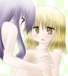 Rule 34 | 2girls, alice margatroid, blonde hair, blush, checkered background, female focus, holding hands, multiple girls, murabito, nude, open mouth, patchouli knowledge, purple eyes, purple hair, touhou, yuri