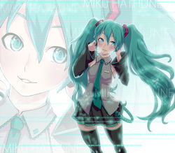 Rule 34 | 1girl, character name, detached sleeves, green eyes, green hair, hatsune miku, headset, highres, long hair, matching hair/eyes, necktie, skirt, solo, thighhighs, touzai, twintails, very long hair, vocaloid, zoom layer