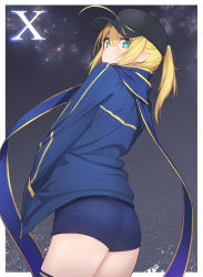 Rule 34 | 1girl, absurdres, ahoge, artoria pendragon (fate), ass, baseball cap, black hat, blue buruma, blue jacket, blue scarf, blush, buruma, character name, closed mouth, cowboy shot, double vertical stripe, expressionless, fate/grand order, fate (series), fpanda, freckles, hair between eyes, hands in opposite sleeves, hat, highres, jacket, long hair, looking at viewer, looking back, mysterious heroine x (fate), night, night sky, open clothes, open jacket, outside border, panties, panties under buruma, pantylines, ponytail, scarf, sky, solo, standing, star (sky), starry sky, thighhighs, thighs, track jacket, underwear