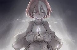 Rule 34 | 1girl, cape, crying, crying with eyes open, hair between eyes, holding, holding knife, knife, made in abyss, multicolored hair, red hair, short hair, solo, streaked hair, tears, tona o, upper body, vueko