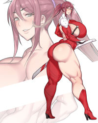 Rule 34 | armor, ass, asymmetrical legwear, bodysuit, breasts, curvy, huge ass, huge breasts, looking at viewer, mature female, mismatched legwear, muscular, muscular female, natedecock, original, ponytail, red hair, sideboob, sword, thick thighs, thighs, weapon