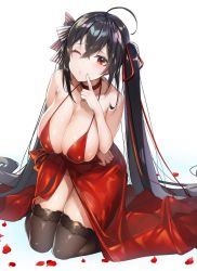 Rule 34 | 1girl, :o, absurdly long hair, ahoge, azur lane, bad id, bad pixiv id, bare shoulders, black hair, black thighhighs, breasts, choker, cleavage, collarbone, commentary request, crossed bangs, dress, finger to mouth, hair between eyes, hair ribbon, highres, huge breasts, kneeling, lace, lace-trimmed legwear, lace trim, long hair, looking at viewer, official alternate costume, one eye closed, red choker, red dress, red eyes, ribbon, skindentation, solo, spaghetti strap, striped ribbon, taihou (azur lane), taihou (forbidden feast) (azur lane), thighhighs, twintails, very long hair, yayoichi (yoruyoru108)