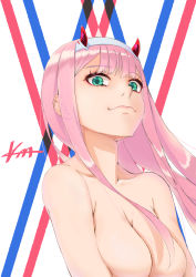 Rule 34 | 10s, 1girl, absurdres, artist name, breasts, darling in the franxx, green eyes, hairband, highres, horns, keemee, looking at viewer, medium breasts, no nipples, nude, pink hair, pink lips, smug, solo, straight hair, upper body, white hairband, zero two (darling in the franxx)