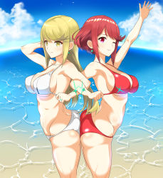 Rule 34 | 2girls, artist request, ass, ass-to-ass, ass press, bad id, bad pixiv id, beach, bikini, blonde hair, breasts, butt crack, cloud, dolling60883582, dollinger, earrings, glowing, hair ornament, headpiece, highres, jewelry, large breasts, long hair, multiple girls, mythra (xenoblade), nintendo, ocean, one eye closed, pyra (xenoblade), red eyes, red hair, short hair, sky, smile, swept bangs, swimsuit, tiara, very long hair, water, xenoblade chronicles (series), xenoblade chronicles 2, yellow eyes