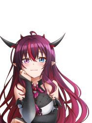 Rule 34 | 1girl, absurdres, ahoge, blue eyes, blush, bridal gauntlets, commentary, elbow gloves, english commentary, gloves, grey background, head rest, heterochromia, highres, hololive, hololive english, horns, irys (hololive), irys (irys 1.0) (hololive), jan azure, long hair, looking at viewer, multicolored hair, pointy ears, purple eyes, purple hair, red hair, simple background, smile, solo, streaked hair, transparent background, upper body, virtual youtuber