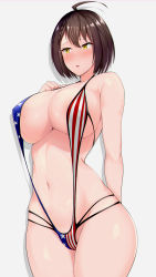 Rule 34 | 1girl, absurdres, ahoge, american flag bikini, american flag print, arm behind back, azur lane, baltimore (azur lane), bikini, blush, braid, breasts, brown hair, canzume, cleavage, collarbone, commentary request, covered erect nipples, flag print, hair between eyes, hand on own chest, highres, large breasts, looking to the side, navel, open mouth, print bikini, short hair, slingshot swimsuit, solo, standing, sweat, swimsuit, yellow eyes
