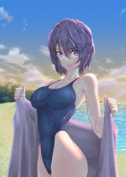 Rule 34 | 1girl, beach, blue one-piece swimsuit, breasts, cleavage, cloud, collarbone, commentary request, competition swimsuit, gradient sky, highleg, highleg swimsuit, highres, medium breasts, one-piece swimsuit, original, purple eyes, purple hair, short hair, sky, solo, sunrise, swimsuit, towel, yamauchi (conan-comy)