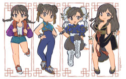 Rule 34 | 4girls, alternate costume, alternate hairstyle, artist request, bare legs, breasts, capcom, chibi, chinese clothes, chun-li, double bun, full body, hair bun, long hair, multiple girls, multiple persona, pelvic curtain, shoes, smile, street fighter, street fighter v, twintails, v