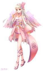 Rule 34 | 1girl, player character (mabinogi), bad id, bad pixiv id, bare shoulders, bell, blue eyes, bracelet, breasts, choker, cleavage, cross-laced footwear, dated, feathered wings, full body, gem, hair ornament, highres, japanese clothes, jewelry, kimono, long hair, long sleeves, looking at viewer, mabinogi, medium breasts, neck bell, obi, off shoulder, parted lips, pukel, sandals, sarashi, sash, short kimono, signature, solo, standing, white background, white hair, wide sleeves, wings