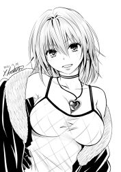 Rule 34 | 1girl, 2021, :d, artist name, black cat (series), black gloves, breasts, character request, cleavage, commentary request, dated, earrings, eyelashes, fur jacket, fur trim, gloves, greyscale, happy, jacket, jewelry, large breasts, looking at viewer, monochrome, necklace, open mouth, rinslet walker, signature, simple background, sketch, smile, solo, standing, white background, yabuki kentarou