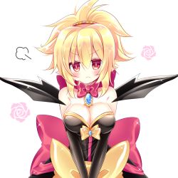 Rule 34 | 1girl, bare shoulders, black dress, black sleeves, black wings, blonde hair, blush, bow, bowtie, breasts, brooch, cleavage, closed mouth, collarbone, commentary request, demon wings, detached sleeves, disgaea, disgaea rpg, dress, hair between eyes, jewelry, large breasts, long sleeves, looking at viewer, makai senki disgaea 2, pink bow, pointy ears, red bow, red bowtie, red eyes, rozalin, shikito (yawa0w0), sidelocks, simple background, solo, strapless, strapless dress, v arms, white background, wings