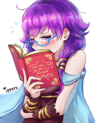 Rule 34 | 1girl, bare shoulders, bespectacled, blush, book, cape, commentary, dress, embarrassed, english text, fire emblem, fire emblem: the sacred stones, glasses, gloves, highres, holding, holding book, ippers, lute (fire emblem), md5 mismatch, nintendo, open book, purple eyes, purple hair, reading, short hair, solo, twintails, wrist cuffs