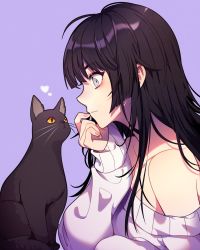 Rule 34 | 1girl, black hair, breasts, cat, cleavage, collarbone, commentary, english commentary, eyebrows hidden by hair, from side, hair behind ear, heart, hen-tie, highres, long hair, looking down, off-shoulder sweater, off shoulder, original, purple background, simple background, solo, sweater, white sweater, yellow eyes