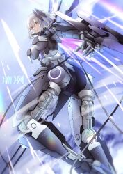 Rule 34 | 1girl, aliasing, breasts, commentary request, cyborg, edge edge, flying, grey hair, large breasts, mecha musume, mechanical arms, mechanical legs, mechanical parts, mechanical wings, medium hair, orange eyes, punishing: gray raven, rosetta: rigor (punishing: gray raven), rosetta (punishing: gray raven), translation request, wings