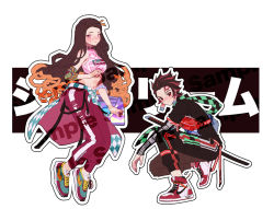 Rule 34 | 1boy, 1girl, adapted costume, black hair, brother and sister, brown hair, clothes around waist, collar, commentary, commentary request, contemporary, earrings, forehead, full body, hair ribbon, halterneck, jewelry, kamado nezuko, kamado tanjirou, kimetsu no yaiba, long hair, multicolored hair, nike (company), orange hair, orange ribbon, orange sekaii, pants, pink eyes, product placement, red hair, ribbon, shoes, siblings, sneakers, supreme (brand), two-tone hair, very long hair