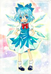 Rule 34 | 1girl, bad id, bad pixiv id, blue eyes, blue hair, bow, cirno, dress, emo (artist), emo (mikan), female focus, full body, hair bow, matching hair/eyes, short hair, solo, embodiment of scarlet devil, touhou, traditional media, wings