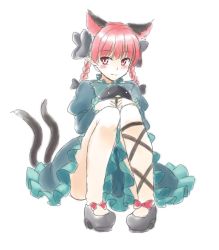 Rule 34 | 1girl, animal, animal ears, bird, black bow, black footwear, black ribbon, blunt bangs, blush, bow, braid, cat ears, cat tail, closed mouth, dress, extra ears, footwear bow, full body, green bow, green dress, hair bow, hair ribbon, high heels, holding, holding animal, holding bird, isaki (gomi), juliet sleeves, kaenbyou rin, knees together feet apart, knees up, leg ribbon, light smile, long hair, long sleeves, looking to the side, multiple tails, nekomata, petticoat, pigeon-toed, pointy ears, puffy sleeves, red bow, red eyes, red hair, reiuji utsuho, reiuji utsuho (bird), ribbon, shadow, simple background, sitting, sketch, solo, tail, touhou, tress ribbon, twin braids, twintails, two tails, white background