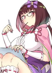 Rule 34 | 1girl, bad id, bad twitter id, bow, breasts, brown hair, cape, detached sleeves, drawing tablet, fate/grand order, fate (series), food, glasses, hair bow, high-waist skirt, holding, holding pen, large breasts, mouth hold, osakabehime (fate), pen, pink cape, pocky, purple bow, purple skirt, red eyes, shirt, simple background, sitting, skirt, socks, solo, solopipb, white background, white shirt, white socks