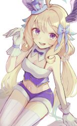 Rule 34 | 1girl, absurdres, ahoge, bare shoulders, blonde hair, blue bow, bow, bowtie, breasts, cleavage, commentary, detached collar, enna alouette, flower, gloves, hair bow, hair flower, hair ornament, hat, head wings, highres, long hair, looking at viewer, low twintails, midriff, mini hat, mini top hat, navel, nijisanji, nijisanji en, open mouth, purple bow, purple eyes, purple shorts, rabbit-ear headwear, short shorts, shorts, simple background, sitting, small breasts, solo, symbol-only commentary, thighhighs, tomu (nuri pic), top hat, twintails, very long hair, virtual youtuber, waving, white background, white gloves, white thighhighs, wings, zettai ryouiki