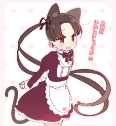 Rule 34 | 1girl, alternate costume, animal ears, ayanami (kancolle), blush, cat ears, cat symbol, cat tail, green eyes, kantai collection, lace, long hair, maid, necktie, parted bangs, red necktie, simple background, solo, standing, tail, translated, very long hair, yoru nai
