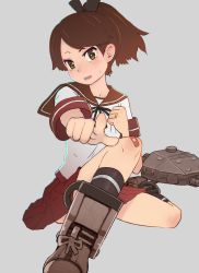 Rule 34 | 1girl, bandaid, bandaid on knee, bandaid on leg, black socks, brown eyes, brown hair, brown sailor collar, brown skirt, clenched hand, commentary request, grey background, hair ribbon, jewelry, kantai collection, kneehighs, looking at viewer, parted lips, pleated skirt, ribbon, ring, sailor collar, school uniform, serafuku, shikinami (kancolle), short sleeves, simple background, skirt, socks, solo, sweat, tomamatto, wedding ring