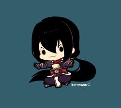 Rule 34 | 1boy, :3, black hair, blue gloves, chibi, chibi only, fate/grand order, fate (series), flower tattoo, full body, gloves, hair between eyes, kotorai, long hair, no nose, pants, ponytail, signature, simple background, solid oval eyes, tattoo, very long hair, yan qing (fate)