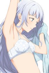 Rule 34 | 1girl, armpits, arms up, bare shoulders, blue bra, blue eyes, blue hair, blunt bangs, blush, bra, breasts, collarbone, from side, highres, hiroki (yyqw7151), holding, holding towel, idolmaster, idolmaster million live!, idolmaster million live! theater days, light blue hair, long hair, medium breasts, parted lips, shiraishi tsumugi, simple background, solo, towel, underwear, upper body, very long hair, white background