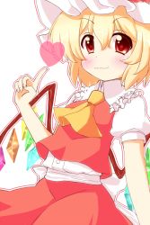 Rule 34 | 1girl, :3, ascot, bad id, bad pixiv id, blonde hair, blush, female focus, flandre scarlet, hat, heart, inanosuke, pointing, pointing up, red eyes, shirt, skirt, solo, embodiment of scarlet devil, touhou, wings