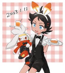 Rule 34 | 1boy, alternate costume, antenna hair, black hair, black shorts, black vest, blue eyes, blush, border, coattails, commentary request, creatures (company), dated, eyelashes, food, game freak, gen 8 pokemon, goh (pokemon), hairband, hands up, highres, holding, holding tray, male focus, nintendo, open mouth, plate, pokemon, pokemon (anime), pokemon (creature), pokemon journeys, pokesumomo, raboot, shirt, short sleeves, shorts, sweatdrop, teeth, tray, upper teeth only, vest, w arms, white border, white hairband, white shirt, wrist cuffs