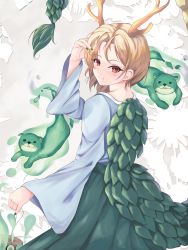 Rule 34 | 1girl, absurdres, black nails, blonde hair, blue shirt, closed mouth, dragon horns, dragon tail, green skirt, highres, horns, kicchou yachie, long sleeves, looking at viewer, nail polish, orchid (orukido), otter, otter spirit (touhou), red eyes, shirt, short hair, simple background, skirt, smile, solo, tail, touhou, turtle shell, white background, wide sleeves