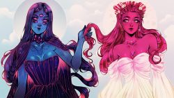 Rule 34 | 2girls, ashiori-chan, bare shoulders, black dress, black hair, blue skin, breasts, cleavage, colored skin, commentary, detached sleeves, dress, earrings, english commentary, extra eyes, hair ornament, hand in another&#039;s hair, jewelry, long hair, lore olympus, medium breasts, multiple girls, nyx (lore olympus), painttool sai (medium), pink eyes, pink hair, pink skin, red eyes, rhea (lore olympus), upper body, white dress