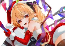 Rule 34 | 1girl, artist name, black thighhighs, blonde hair, blush, christmas, crystal, flandre scarlet, gloves, gotou (nekocat), hair between eyes, hat, highres, long hair, one side up, open mouth, pointy ears, pom pom (clothes), red eyes, red gloves, red hat, santa costume, santa hat, signature, simple background, smile, solo, thighhighs, touhou, white background, wings