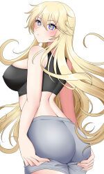 Rule 34 | 1girl, ass, bad anatomy, black tank top, blonde hair, blue eyes, blush, breasts, cowboy shot, from behind, grey shorts, highres, iowa (kancolle), kantai collection, large breasts, long hair, parted lips, shorts, sidelocks, simple background, solo, star-shaped pupils, star (symbol), symbol-shaped pupils, tank top, white background, yomogi dango