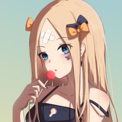 Rule 34 | 1girl, abigail williams (fate), absurdres, bare shoulders, black bow, black camisole, blonde hair, blue eyes, blush, bow, breasts, camisole, candy, collarbone, earrings, fate/grand order, fate (series), food, forehead, hair bow, highres, jewelry, lollipop, long hair, looking at viewer, multiple bows, open mouth, orange bow, parted bangs, polka dot, polka dot bow, small breasts, solo, weiwu ling suzu