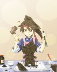Rule 34 | &gt;:), 1990s (style), 1girl, :d, :q, apron, baking, blush, bomb, bottle, bowl, brown eyes, brown hair, buster sword, carving, chisel, chocolate, closed mouth, cloud strife, explosive, female focus, final fantasy, final fantasy vii, fuse, glass, glass bowl, gunpowder, hammer, hands up, happy, headband, heart, high ponytail, holding, holding hammer, holding mallet, jessie rasberry, long hair, looking down, mallet, matching hair/eyes, open mouth, pink apron, ponytail, powder, propellant, red headband, retro artstyle, sculpting, sculpture, shirt, smile, solo, standing, sword, tongue, tongue out, upper body, v-shaped eyebrows, valentine, weapon, yuki tokito, yuuki tokito