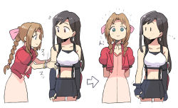 Rule 34 | ..., 2girls, :&gt;, aerith gainsborough, arms behind back, arrow (symbol), asymmetrical bangs, black gloves, black hair, black skirt, bow, bracelet, braid, braided ponytail, breasts, confused, cowboy shot, cropped jacket, dress, drill hair, earrings, final fantasy, final fantasy vii, final fantasy vii remake, fingerless gloves, gloves, green eyes, happy, jacket, jewelry, large breasts, light brown hair, long dress, long hair, low-tied long hair, midriff, multiple girls, multiple views, parted bangs, pink bow, pink dress, red eyes, red jacket, shine spark, side drill, skirt, small breasts, solid oval eyes, standing, suspender skirt, suspenders, suspenders gap, tank top, tareme, tifa lockhart, tri drills, tsubobot, tsurime, white background, white tank top