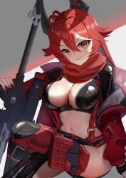 Rule 34 | 1girl, absurdres, black gloves, blush, breasts, chaps, cleavage, crop top, cropped jacket, fingerless gloves, gloves, goddess of victory: nikke, grin, gun, hair between eyes, headgear, highres, holding, holding weapon, horns, jacket, large breasts, leather, leather jacket, long hair, looking at viewer, mechanical horns, merry 051922, midriff, navel, orange eyes, red hair, red hood (nikke), red jacket, red scarf, rifle, scarf, sitting, smile, sniper rifle, solo, unzipped, very long hair, weapon, zipper