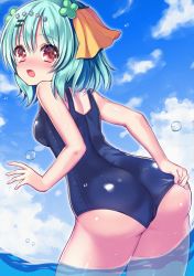 Rule 34 | 1girl, absurdres, ass, blue hair, blush, breasts, clover hair ornament, commission, flower, flustered, from behind, hair flower, hair ornament, hairclip, hand on own ass, hand up, highres, hinao, looking back, medium breasts, medium hair, ocean, one-piece swimsuit, open mouth, original, partially submerged, partially underwater shot, red eyes, skeb commission, sky, solo, swimsuit, swimsuit tug, thighs, water drop, wet