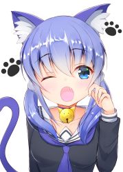 Rule 34 | 1girl, ;o, animal ear fluff, animal ears, bell, black shirt, blue choker, blue neckerchief, blush, breasts, cat ears, cat girl, cat tail, choker, collarbone, commentary request, fang, hair between eyes, hair ornament, hand up, highres, jingle bell, kemonomimi mode, long hair, long sleeves, looking at viewer, low twintails, medium breasts, neck bell, neckerchief, nijisanji, one eye closed, open mouth, sailor collar, school uniform, serafuku, shirt, simple background, solo, tail, tail raised, twintails, upper body, virtual youtuber, white background, white sailor collar, ymd (holudoun), yuuki chihiro, yuuki chihiro (2nd costume)