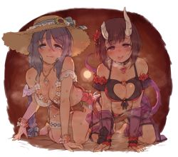 Rule 34 | 2girls, 7010, :p, :q, all fours, bikini, braid, breasts, broken horn, brown hair, brown headwear, commentary request, eriko (princess connect!), eriko (summer) (princess connect!), flower, flower bracelet, hair between eyes, hair flower, hair ornament, hat, heart, heart-shaped pupils, horns, jewelry, large breasts, long hair, looking at viewer, multi-strapped bikini bottom, multiple girls, naughty face, necklace, official alternate costume, princess connect!, purple eyes, purple hair, shizuru (princess connect!), shizuru (summer) (princess connect!), short hair, straw hat, sweat, swimsuit, symbol-shaped pupils, tail, tongue, tongue out, twin braids, white bikini