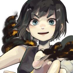 Rule 34 | 1girl, black hair, blue eyes, choujin x, closed mouth, colored smoke, cropped torso, grey eyes, grey robe, highres, looking at viewer, mullet, open mouth, otta ely (choujin x), robe, short hair, simple background, smoke, smoke trail, solo, thick eyebrows, upper body, white background, yuma kahara
