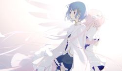 Rule 34 | 2girls, back-to-back, blue eyes, blue hair, blue skirt, cape, commentary request, dress, expressionless, floating hair, fortissimo, gloves, hair between eyes, hair ornament, hair ribbon, hands up, highres, jewelry, kaname madoka, long hair, looking away, magical girl, mahou shoujo madoka magica, mahou shoujo madoka magica (anime), miki sayaka, multiple girls, musical note, musical note hair ornament, necklace, own hands clasped, own hands together, pink hair, ribbon, short hair, short twintails, skirt, twintails, ultimate madoka, un nm5sy, very long hair, white cape, white dress, white gloves, white ribbon, wings