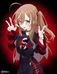 Rule 34 | 1girl, :p, ahoge, black background, black choker, black nails, black shirt, black skirt, blush, brown eyes, brown hair, choker, closed mouth, cowboy shot, dated, double w, hair between eyes, hands up, highres, hololive, hololive english, kyuni ry, long hair, long sleeves, looking at viewer, multicolored hair, nail polish, nanashi mumei, nanashi mumei (emo), nightmare (nanashi mumei), official alternate costume, one side up, pleated skirt, print shirt, red shirt, shirt, sidelocks, signature, simple background, skirt, smile, solo, spotlight, streaked hair, striped clothes, striped shirt, sweater under jacket, tongue, tongue out, twitter username, two-tone shirt, v-shaped eyebrows, virtual youtuber, w, white hair