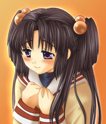 Rule 34 | 00s, 1girl, aikawa mio, black hair, clannad, female focus, hair bobbles, hair ornament, ichinose kotomi, long hair, lowres, orange background, purple eyes, school uniform, short twintails, solo, twintails, two side up