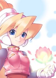 Rule 34 | 1girl, blonde hair, blue eyes, breasts, capcom, ciel (mega man), closed mouth, female focus, gloves, hair between eyes, headgear, high ponytail, impossible clothes, long hair, looking at viewer, medium breasts, mega man (series), mega man zero (series), ponytail, semikichi, smile, solo, upper body, white gloves